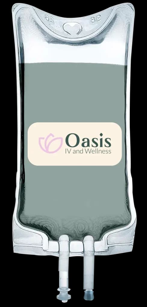 IV Bag with grey liquid with Oasis IV and Wellness logo