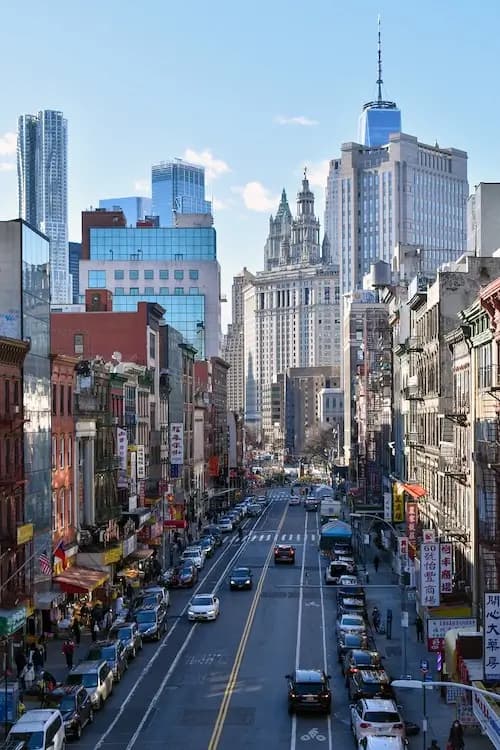 Manhattan street lined with high-rise buildings