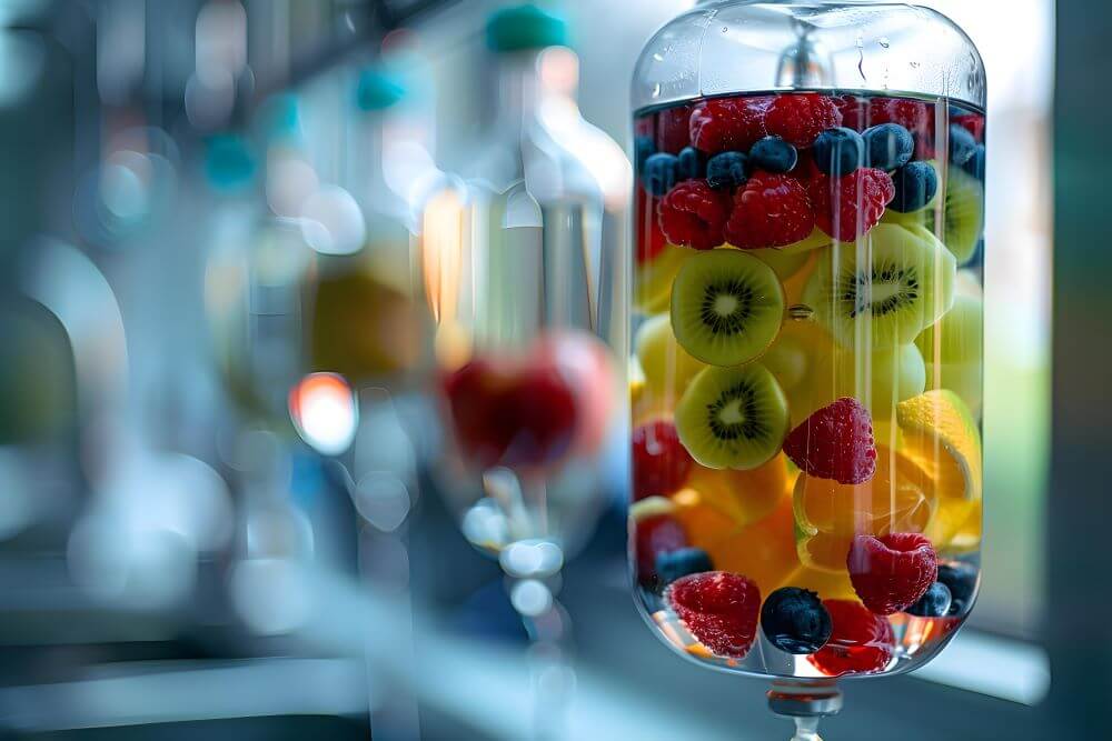 Glass IV bottle with a variety of fruits in the liquid